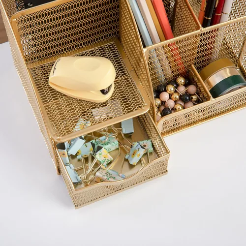 Miniatura 5 de Martha Stewart Ryder - Organizador de escritorio pequeño de metal de malla dorada para accesorios de oficina, cuadernos, soporte para bolígrafos