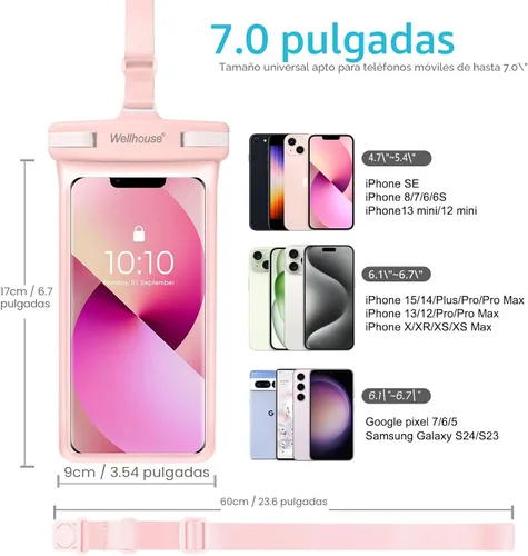 Miniatura 5 de wellhouse Bolsa impermeable para teléfono, funda impermeable para teléfono para iPhone 16, 15, 14, 13, 12 Pro Max, XS, Samsung, IPX8 Bolsa seca