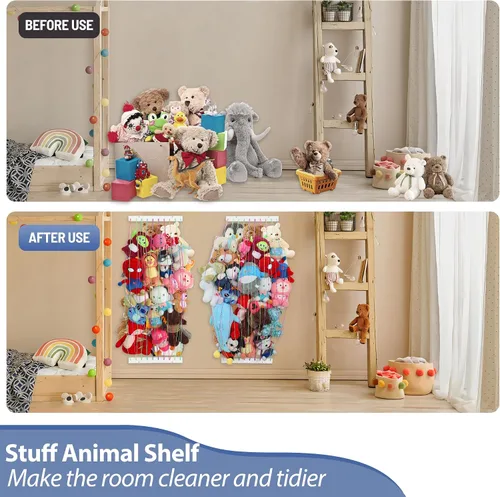 Miniatura 4 de PHOENANCEE Organizador de juguetes de peluche, juego de 2 estantes de almacenamiento de pared de animales de peluche para niños, soporte colgante