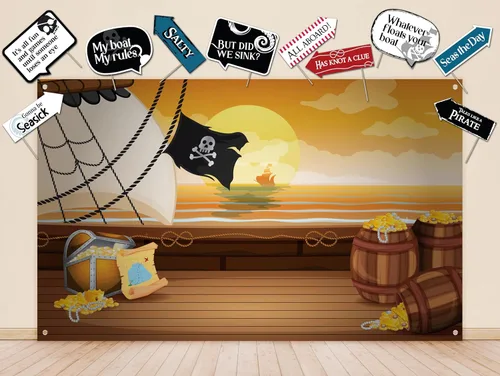 Kit de decoración de fiesta pirata, incluye telón de fondo de fotografía y 10 accesorios de cabina de fotos para selfies de estudio con palos,