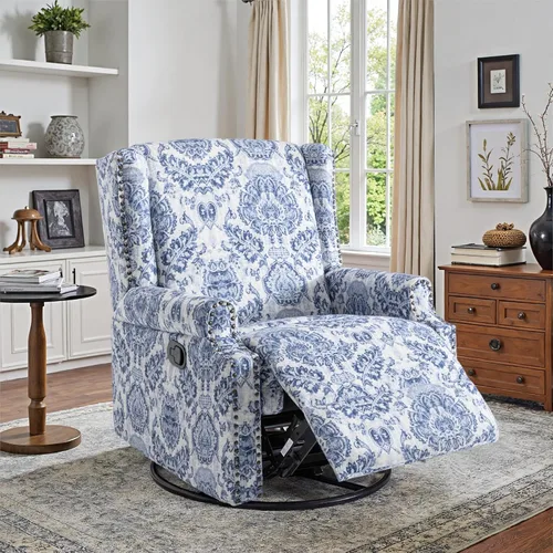 Miniatura 32 de Silla reclinable tapizada, sillón de ala floral con respaldo y reposapiés ajustables, cómoda silla decorativa para leer, sofá individual