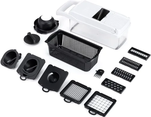 Miniatura 7 de KEOUKE Cortador de verduras de mandolina pro - Cortador de alimentos con 16 cuchillas intercambiables con recipiente, protector manual y escurridor