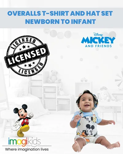 Miniatura 25 de Disney Conjunto de 3 piezas de overoles cortos de rizo francés para bebé, camiseta y sombrero, tallas de recién nacido a bebé (0-24 meses)