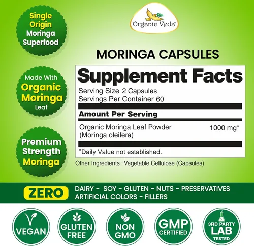 Miniatura 7 de Organic Veda Cápsulas de hoja de Moringa de 1200 mg, 120 unidades – Polvo puro de Moringa Oleifera en polvo de hojas enteras verde suplemento súper