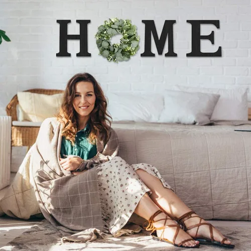 Miniatura 3 de Cartel colgante de madera con letras en inglés «HOME» (Hogar) con corona de eucalipto artificial para la letra «O», decoración de pared estilo Negro