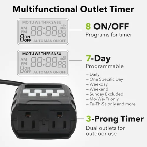 Miniatura 2 de BN-LINK Temporizador programable digital resistente para exteriores de 7 días BND/U78, 125VAC, 60Hz, doble salida, resistente a la intemperie