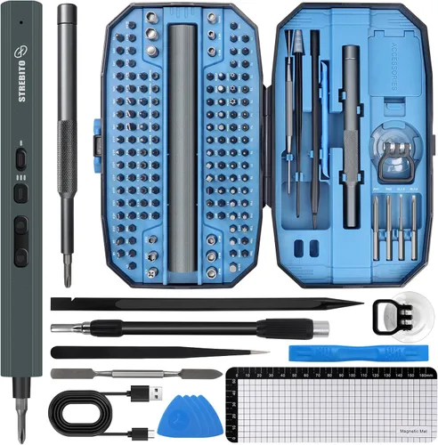 Miniatura 13 de STREBITO Juego de destornilladores eléctricos 155 en 1, destornillador eléctrico pequeño inalámbrico con 140 puntas magnéticas S2, kit de Gris