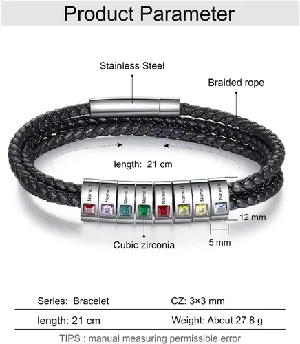 Miniatura 17 de Pulsera personalizada para el Día del Padre para hombre, pulseras personalizadas de cuero trenzado negro con cuentas grabadas de 1 a 8 nombres