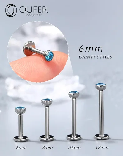 Miniatura 3 de OUFER - 2 aretes tipo dormilona de titanio G23 sin rosca, 20G/18G/16G, con respaldo plano y circonia cúbica pequeña, piercing para nariz, helix