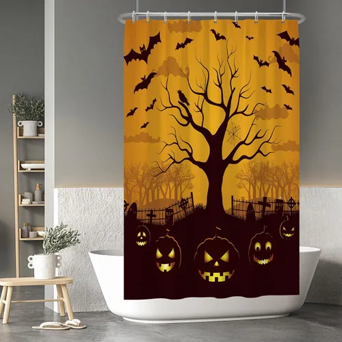 Miniatura 108 de Cortina de ducha de fantasma y gato negro para niños, 36 x 72 pulgadas, espeluznante y bonita, cortina de baño de Halloween con 6 ganchos, cortina