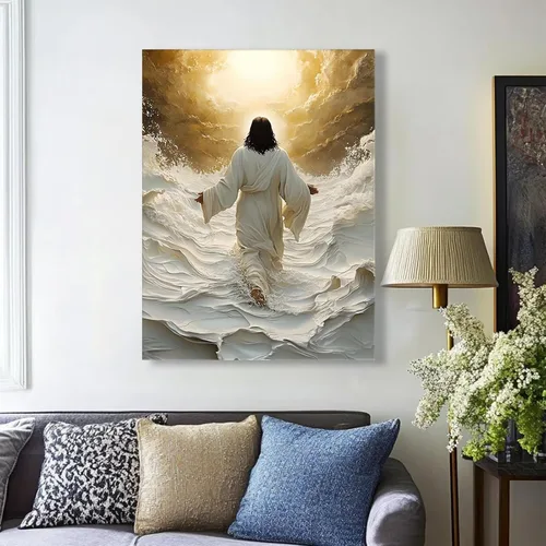 Miniatura 3 de Lienzo enmarcado dorado y blanco de Jesús caminando sobre el agua, arte de pared, póster religioso cristiano, cuadro de pintura de Cristo