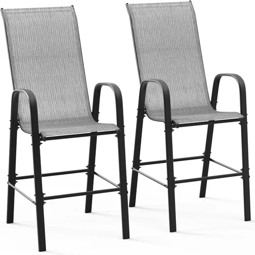 Miniatura 12 de VINGLI Juego de 4 taburetes de bar apilables para exteriores, sillas tipo honda con respaldo alto y reposabrazos, para césped, jardín, bar, gris