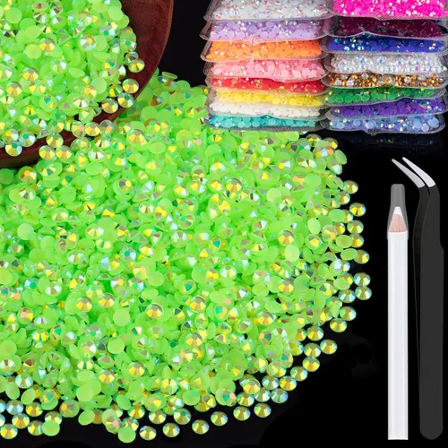 Miniatura 26 de 5000 piezas de diamantes de imitación de resina de 0.118 pulgadas a granel, color verde oscuro AB con parte trasera plana, diamantes de imitación
