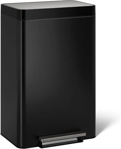 KOHLER Bote de basura de cocina de 13 galones de acero inoxidable con pedal, bote de basura negro de acero inoxidable, pedal manos libres, tapa de