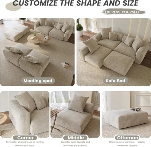 Miniatura 8 de WJShome Cloud Couch Sofá Seccional Modular, Sofá en Forma de L de 102 pulgadas con Otomana, Sofá de Pana Beige de 3 Asientos, Sofá Seccional