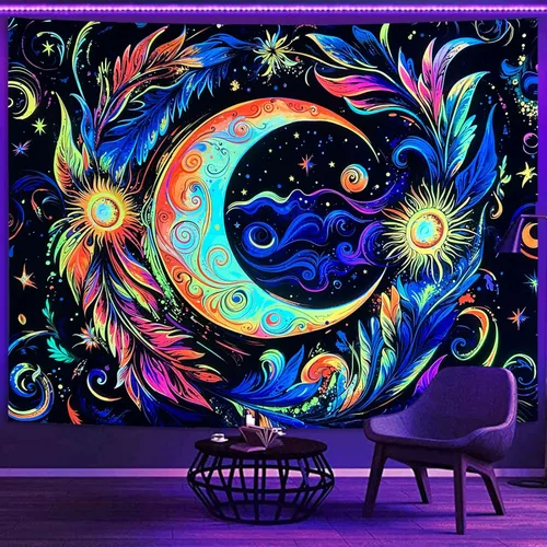 Miniatura 11 de Spenlife Blacklight - Fantástico tapiz de gato negro, tapiz de pared de gato reactivo que brilla con rayos UV para decoración de habitación, tapiz