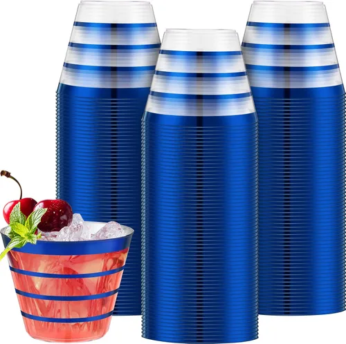 Miniatura 15 de Gejoy 100 vasos de plástico de 9 onzas con borde de Navidad a rayas, desechables a granel, vasos de plástico duro para beber, vasos para bodas, Rojo