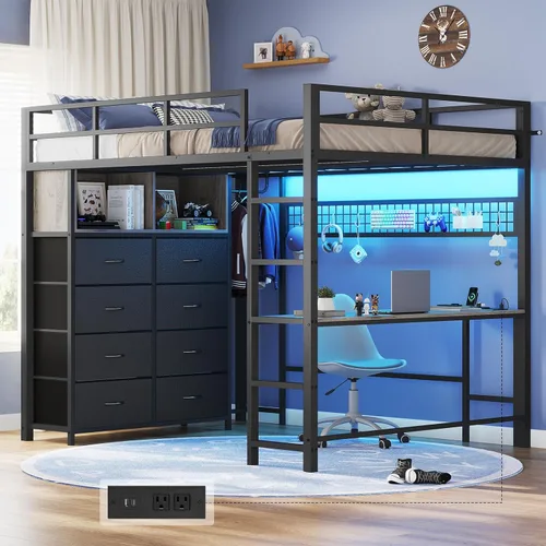 ADORNEVE Cama tipo loft de tamaño matrimonial con escritorio y 8 cajones de almacenamiento, cama alta de metal LED con toma de corriente, 2 estantes