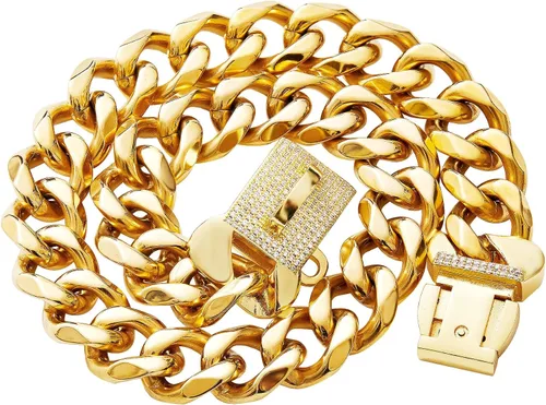 Miniatura 4 de Collar de acero inoxidable con eslabones de oro cubano resistente para perros pequeños, medianos y grandes, collar de perro de bulldog francés