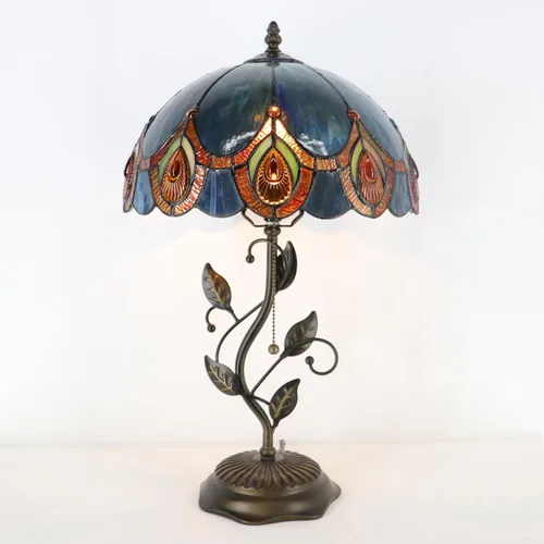 Miniatura 5 de Lámpara de mesa Tiffany, lámpara de escritorio estilo vidrio manchado, 12X12X19 Pulgadas, luz de lectura de mesita, base de hoja de metal