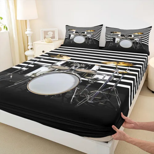 Miniatura 17 de Erosebridal Sábanas de guitarra tamaño individual para niños y niñas, sábanas de teclados de piano, sábanas bajeras con temática musical