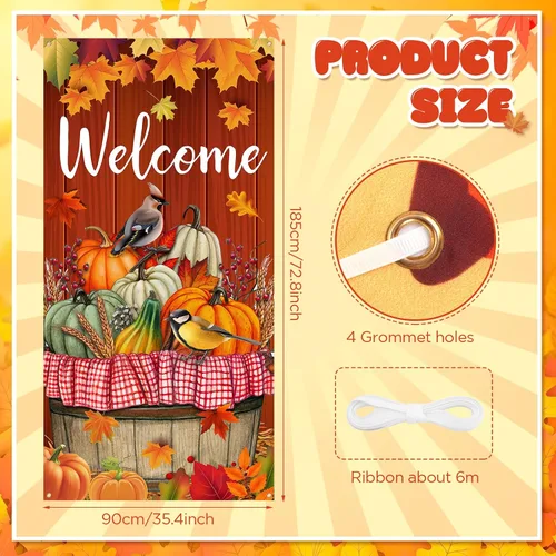 Miniatura 6 de Cartel de puerta de Acción de Gracias, decoración grande para puerta de otoño, pájaro, calabaza, telón de fondo, suministros de fiesta para cosecha