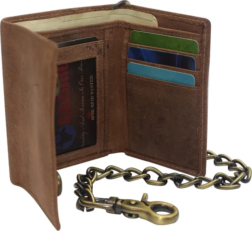 Miniatura 3 de Billetera de cuero vintage con bloqueo RFID para hombre, con cierre a presión, Beige Bronceado, Cartera Biker
