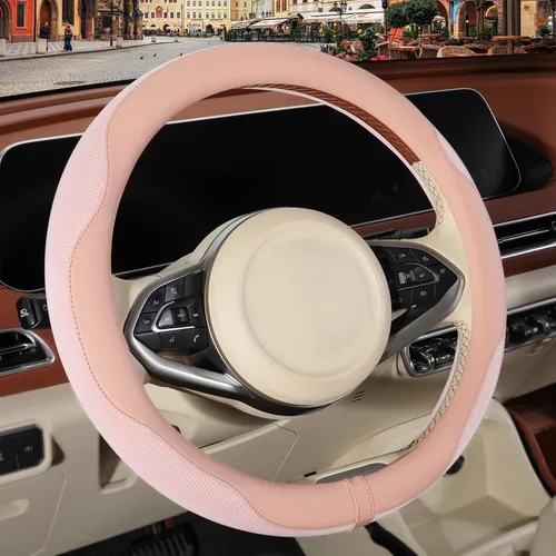 Funda de cuero de napa rosa para volante, de cuero de microfibra avanzada, tela antideslizante y transpirable, cálida en invierno y fresca en