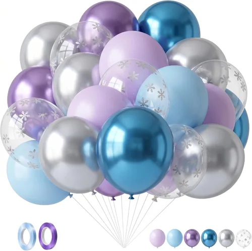 Civaner 48 globos de copo de nieve a granel de 12 pulgadas, azul pastel, metálico, morado, plateado, confeti, globos de látex, decoraciones de