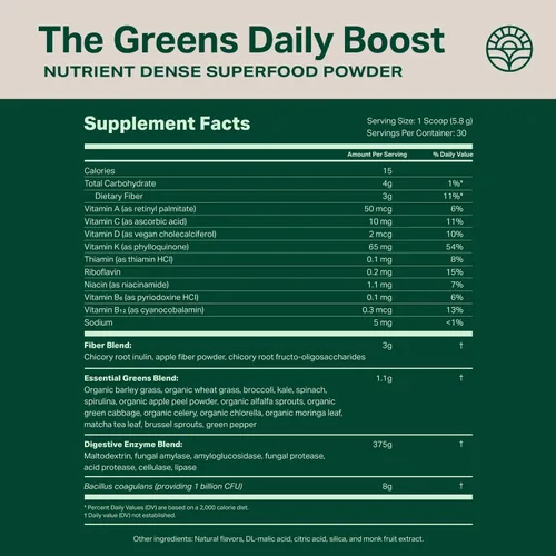 Miniatura 8 de Proper, The Greens Daily Boost Organic Greens Powder. Alimento Integral, Polvo Vegetal Superalimento Sabor Manzana con Pasto de Trigo, Espirulina