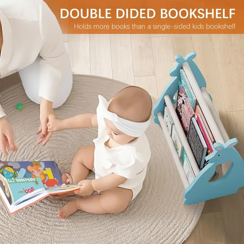 Miniatura 7 de Estantería infantil de doble cara – Estantería portátil de 2 niveles para niños pequeños, estante para libros para habitaciones de niños y sala