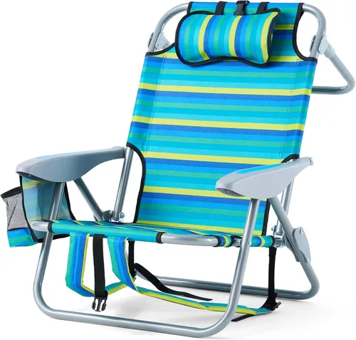 Miniatura 10 de Silla de playa tipo mochila para adultos, silla de camping plegable portátil con 5 posiciones reclinable, reposacabezas, portavasos y bolsa