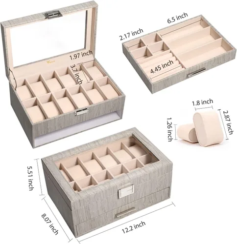 Miniatura 2 de Voova Caja Organizadora de Relojes y Joyas para Hombres y Mujeres, Estuche de Almacenamiento de Relojes de Cuero con 12 Compartimentos, Soporte