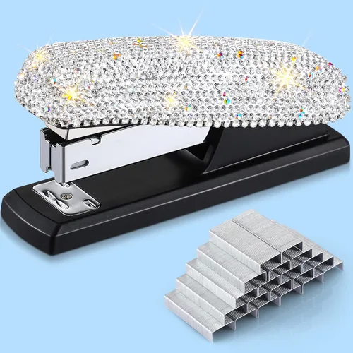 Miniatura 7 de Yexiya - Grapadora de colores AB para escritorio, con diamantes de imitación, regalo de regreso a clases, capacidad de 20 hojas con 1000 grapas