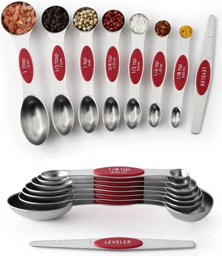 Miniatura 19 de Spring Chef Juego de 8 cucharas magnéticas de medición de acero inoxidable con nivelador, juego de cucharaditas y cucharas de mesa de doble cara