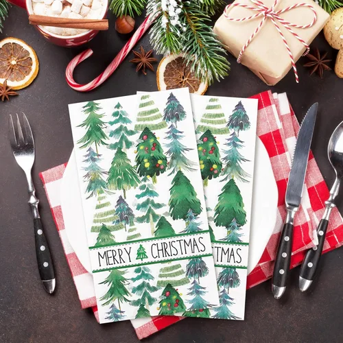 Miniatura 6 de Servilletas de Navidad para invitados de Navidad, árbol de Navidad, servilletas de papel desechables de 3 capas de acuarela verde para cena