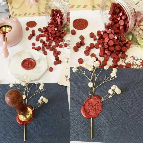 Miniatura 4 de 200 piezas de cuentas de sello de cera rojo oscuro, cuentas de sellado octagonales rojo vino para invitaciones de boda, sello de cera, envoltura