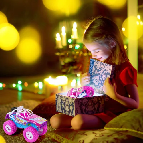 Miniatura 6 de Pink Toys Auto para niña pequeña, paquete de 2 camiones de juguete Push and Go de 6.3 pulgadas para niños de 3, 4, 5, 6 años, con luces LED, música