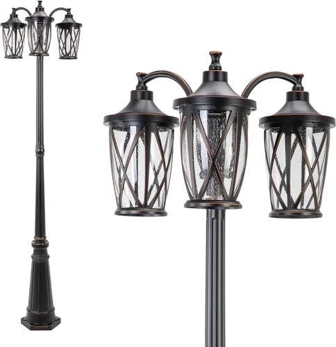 LUTEC Poste de lámpara para exteriores con triple cabezal, luz de calle cableada para césped, patio, camino, jardín, poste negro con paneles de