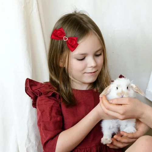 Miniatura 4 de Pinzas de lazo de satén rojo, horquillas escolares de Navidad de San Valentín con diamantes de imitación de corazón, accesorios para el cabello