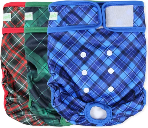 Wegreeco Pañales lavables para perras (3 unidades) – Altamente absorbentes, para perros en celo o micción excitable (azul, verde, rojo a cuadros, S)