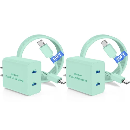 Miniatura 10 de Cargador súper rápido de 45 W de doble puerto con cable largo USB C a C de 10 pies, bloque de cargador de pared tipo C y cable de carga de teléfono