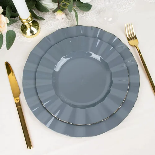 Miniatura 171 de Tableclothsfactory Paquete de 10 platos redondos de plástico negro de 6 pulgadas para ensalada de postre, platos desechables con borde ondulado