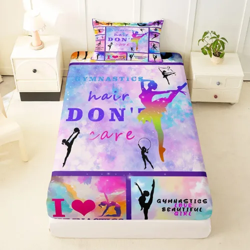 Miniatura 11 de Sábana bajera ajustable de ballet para niñas, juego de ropa de cama de ballet para danza de ballet, sábanas de cama con rayas geométricas onduladas