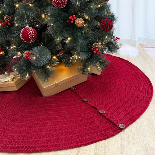 Miniatura 9 de Falda de árbol de Navidad de punto acanalado de 36 pulgadas con botones de roble, borgoña