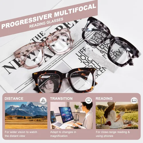 Miniatura 3 de Anteojos de lectura multifocales progresivos para mujer, para lectura de computadora con luz azul cuadrada de gran tamaño con bisagra de resorte