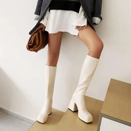 Miniatura 2 de SO SIMPOK Botas altas de tacón grueso para mujer, con punta cuadrada, botas góticas, botas de combate para equitación, botas Gogo