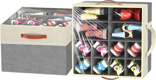 Miniatura 10 de Aokeyee Paquete de 2 organizadores de zapatos para armario, caja organizadora plegable de almacenamiento de zapatos con cubierta transparente y 4