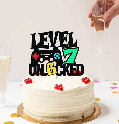 Miniatura 3 de Level 7th - Letrero desbloqueado para decoración de pastel de feliz 7º cumpleaños, decoración de pastel de nivel séptimo para controlador