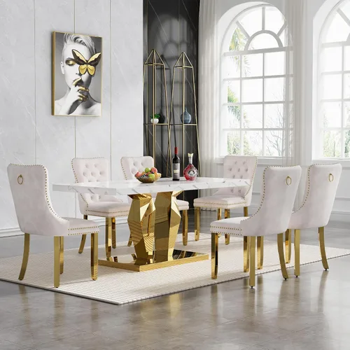 Miniatura 31 de Moderno juego de mesa de comedor de mármol sintético de 68.11 pulgadas para 6, mesa de comedor de mármol blanco y plateado con 6 sillas de Blanco